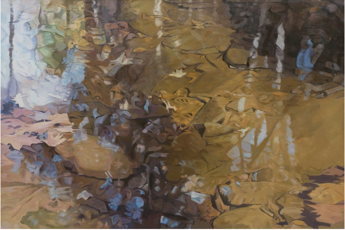 Permeation, 1982, Oil on linen, 47 “× 70 “ Monochromatic Reflected stream pool in brown with shimmering reflections of trees, rocks and leaves