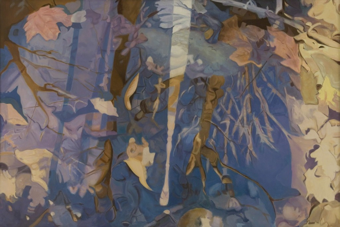 White Streak, 1984, Oil on linen, 40” × 60“ reflected stream pool in blue with tan leaves, light and tree reflections