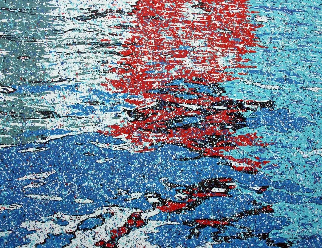 Water-based pointillistic abstraction painting with fragmented shapes and blue, red, green, black areas.