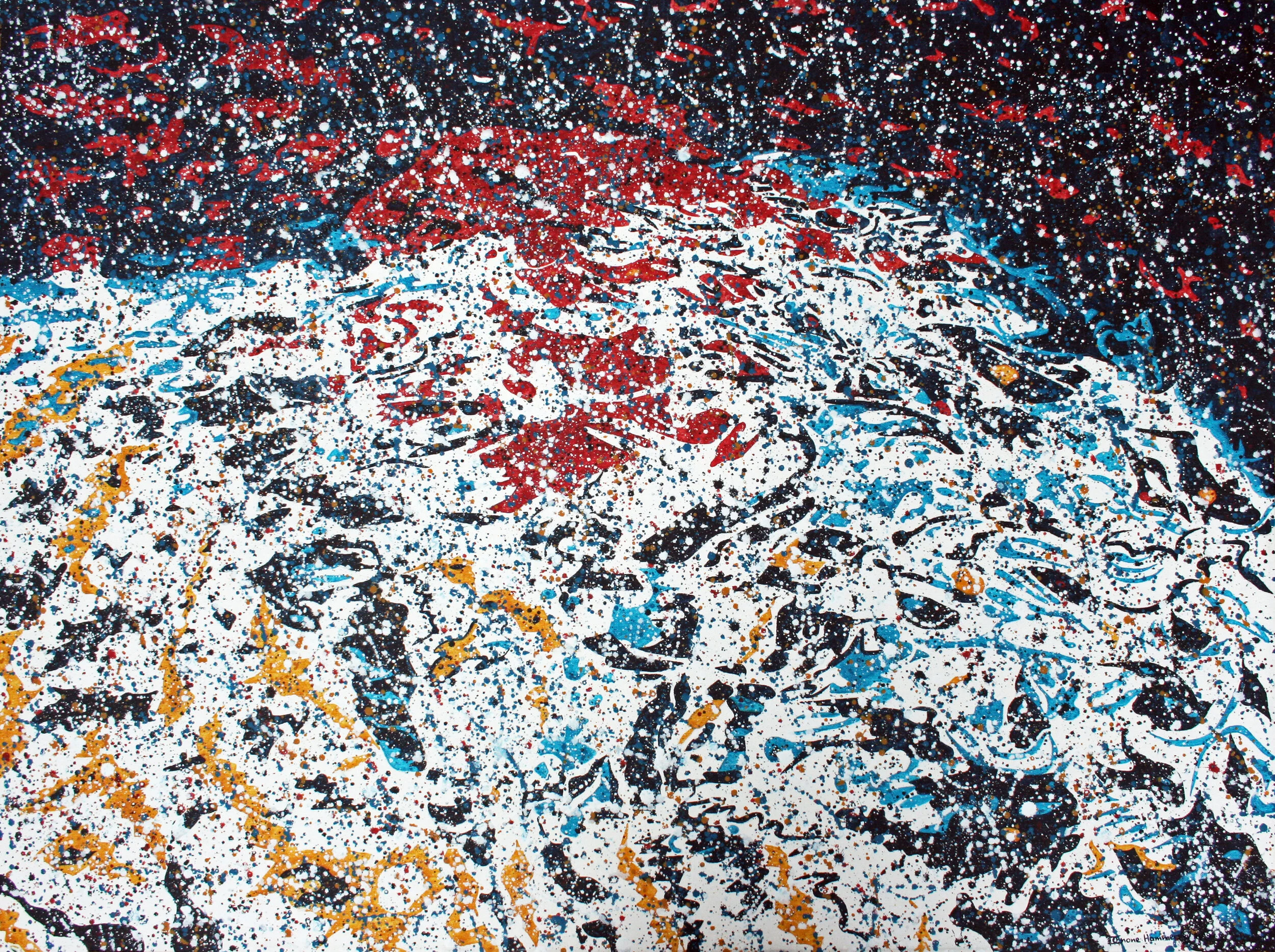 Water-based pointillistic abstraction painting with fragmented shapes and red, black, blue, yellow areas.