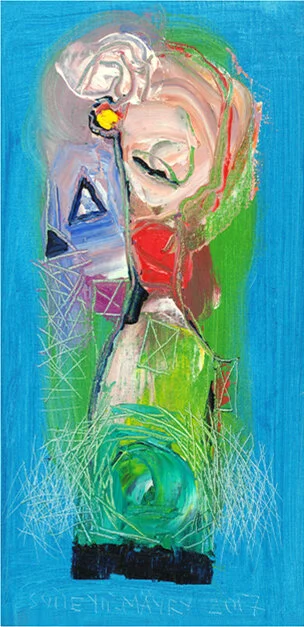 Asphalt Dream , 2017, Oil, 16” x 8”. female white abstract nordic portraiture with blue background.