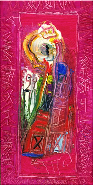 Burning Fire , 2017, Oil, 16” x 8”. Female abstract nordic portraiture with palette-like face, expressionist facial tones, eyes, mouth with bright pink background.