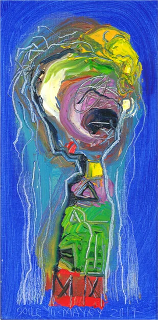 Your Number , 2017, Oil, 15.7” x 8”. Female abstract nordic portraiture with palette-like face and hair, expressionist facial tones, eyes, mouth in bright blue background.