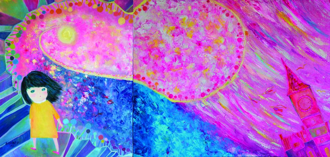 2 panels of abstract landscape painting with a child-like figure in the lower left corner, a clock tower in the lower right, blue and pink background.