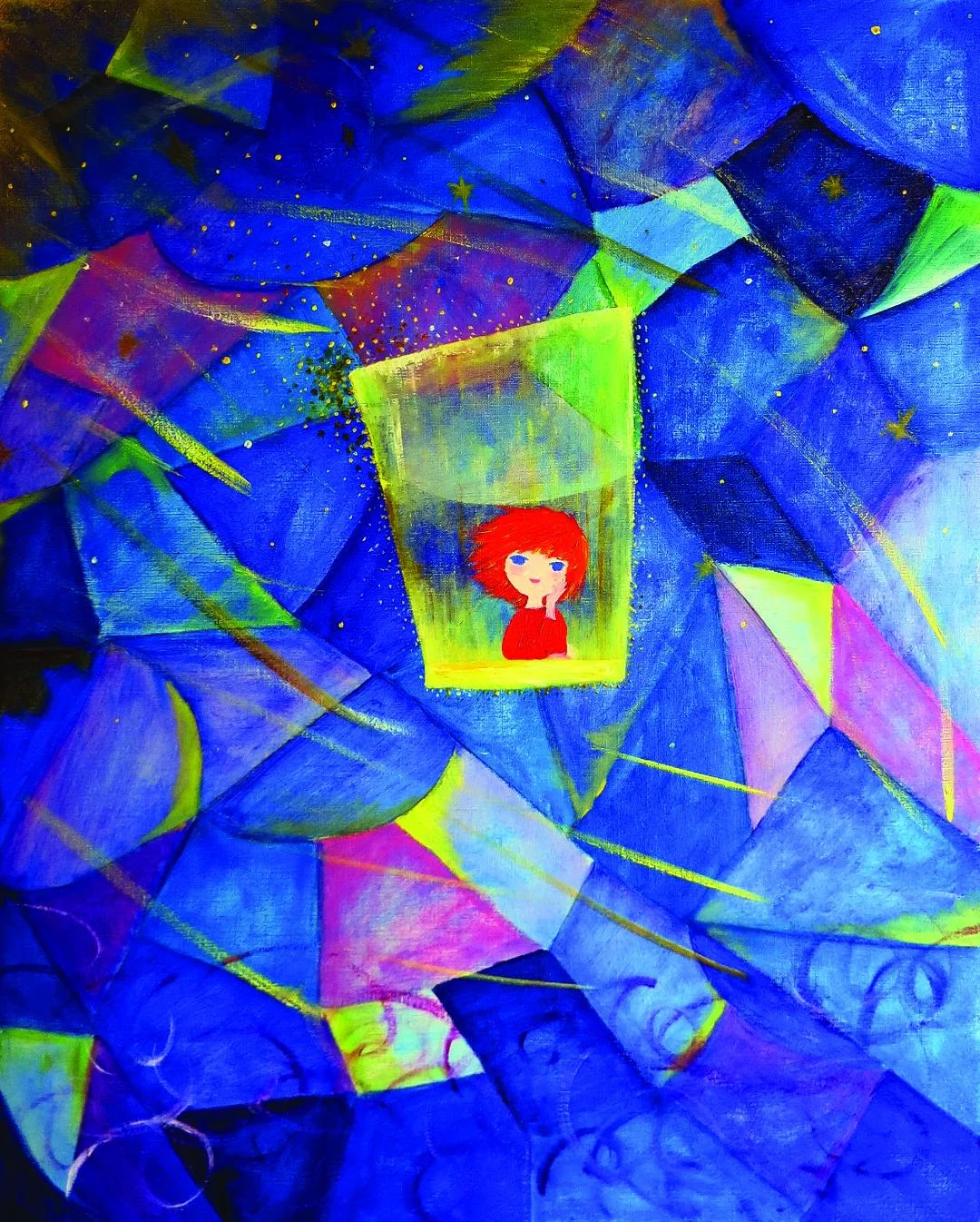 Abstract painting with a red-haired child-like figure in the center, blue fragmented shapes and yellow stars throughout the background