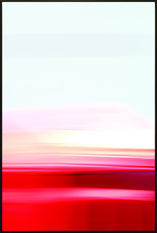 Colorfield vertical abstraction seascape bottom third red, upper third pink and white.