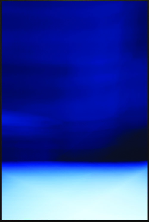 Colorfield vertical abstraction seascape light blue bottom third, dark blue upper two thirds.