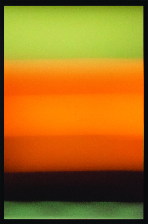 Colorfield vertical abstraction green and brown lower third, orange and green upper two thirds.