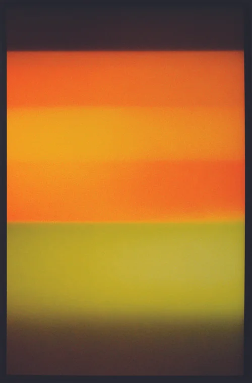Colorfield vertical abstraction brown and green lower half, orange and brown upper half.
