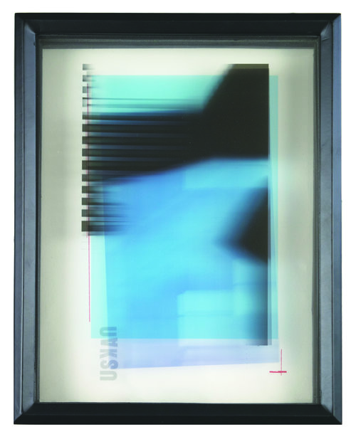 Colorfield abstraction of photographic collage with transparent layers. Blue, black, gray shapes overlapping on yellowish white background.