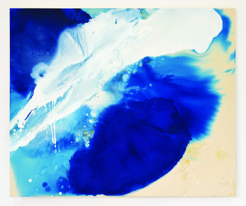 Blue Crystals Revisited No.10 , 2018, Acrylic Ink, Acrylic Paint, Mica Powder, Shellac on Canvas, 50” x 60”. Dark and light blue and white clouds cover a white canvas.