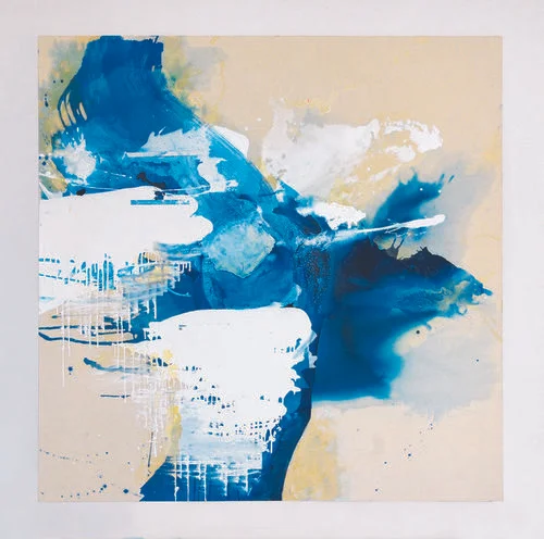 Blue Crystals Revisited No.1 , 2017, Acrylic Ink, Acrylic Paint, Mica Powder, Shellac on Canvas, 72” x 72”. acrylic inks creating bleeds and pools of sapphire blues juxtaposed with white billowy shapes.