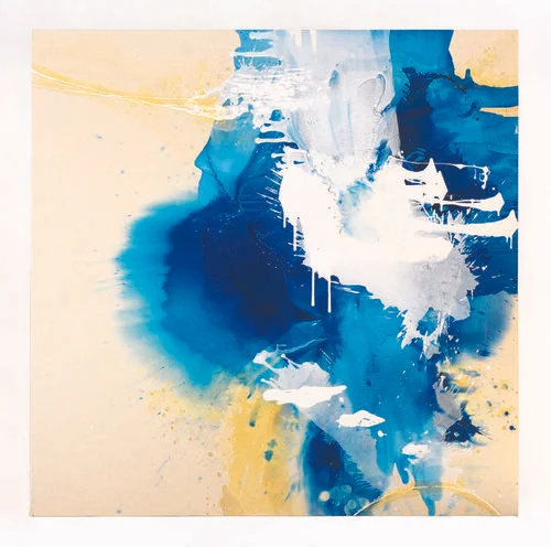 Blue Crystals Revisited No.4 , 2017, Acrylic Ink, Acrylic Paint, Mica Powder, Shellac on Canvas, 72” x 72”. Deep sapphire blues bleed into the surface as white glacial-like formations descend downward upon it.