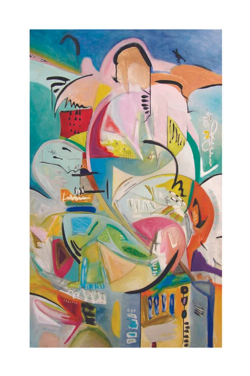 Rise (SOLD) , 2018, Sumi Ink, Graphite, and Oil on Canvas, 60” x 36”. Earth tones, blue-green, beige, grey, multitude of intersecting freeform shapes, black curved lines.
