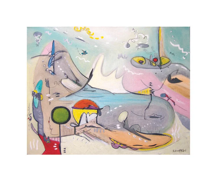 Metamorpholite (SOLD), Sumi Ink, Graphite, and Oil on Canvas, 22” x 28”. Pastel tones, pink, beige, grey, surreal abstract landscape of creatures and spaces.