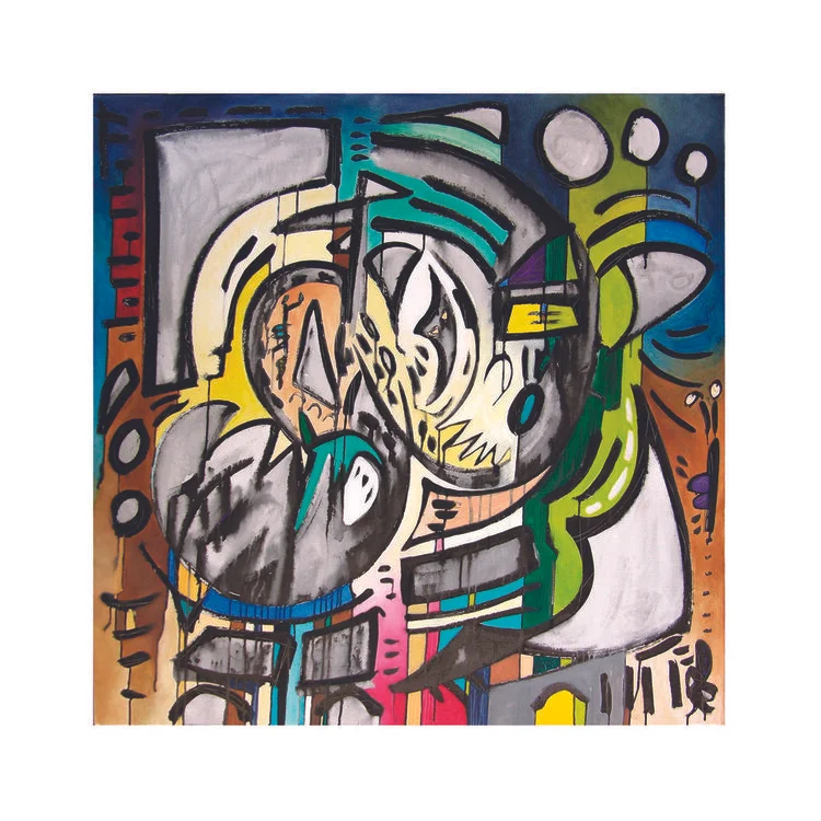 Raven Dreams of 8 Lives, Sumi Ink, Graphite, and Oil on Canvas, 48” x 48”, 2018. Brilliant earth tones of beige, brown, grey, blue, turquoise, green, purple. Dynamic shapes.
