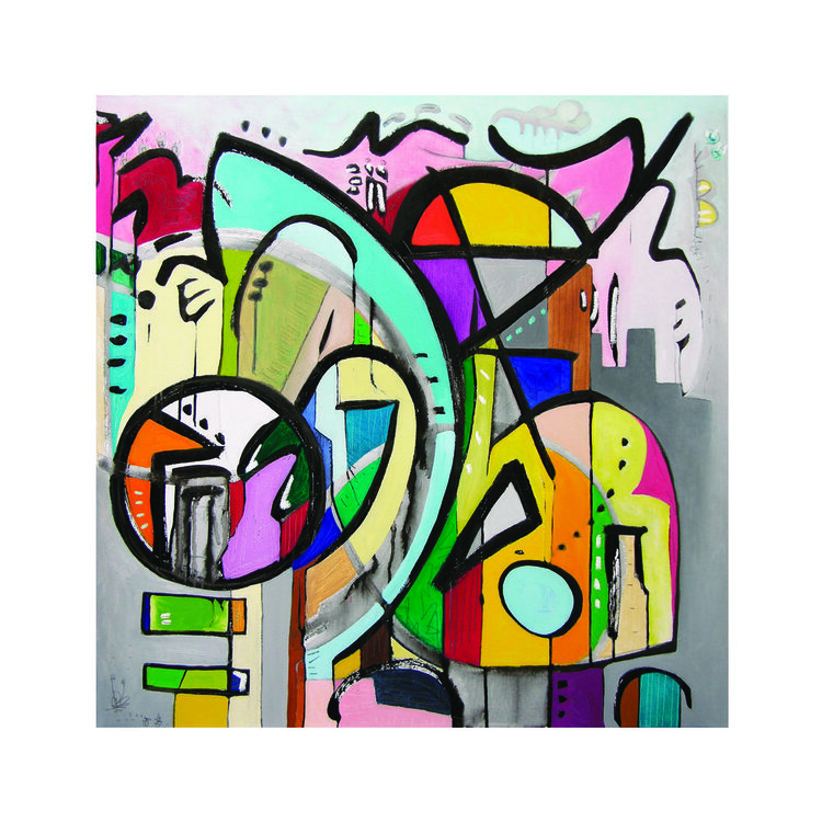 Rhythm No Algorithm 2 (SOLD), Sumi Ink, Graphite, and Oil on Canvas, 36” x 36”, 2018. Bright and bold color, grey, pink, orange, yellow, red, blue, green. Thick black curved lines. Multitude of intersecting freeform shapes.