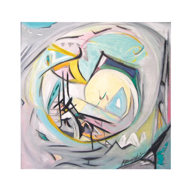 Spiritual Ground 1 (SOLD), Sumi Ink, Graphite, and Oil on Canvas, 24” x 24”, 2018. Pastel tones of grey, pink and cream, swirling, open grey space surrounding a multitude of intersecting freeform shapes.