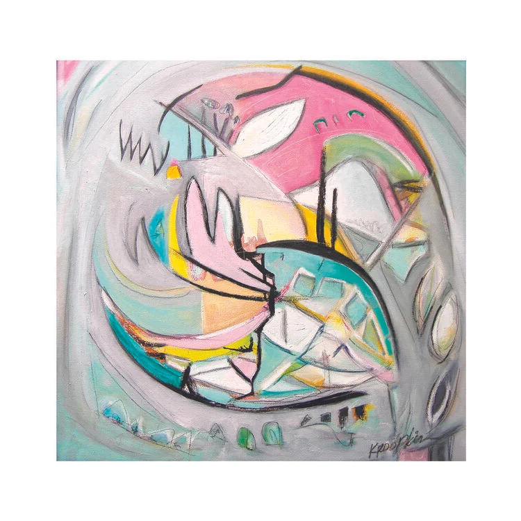 Spiritual Ground 2 (SOLD), Sumi Ink, Graphite, and Oil on Canvas, 24” x 24”, 2018. Pastel tones of grey, pink and cream, swirling, open grey space surrounding a multitude of intersecting freeform shapes.