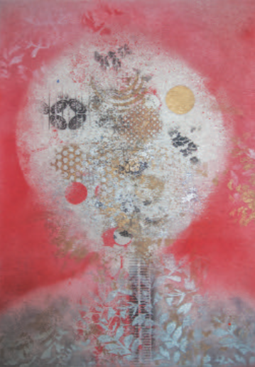 Asian inspired abstraction with dominant white moon in the middle surrounded by red background and silver leaves on a gold foreground.