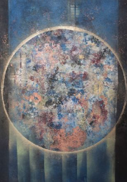 Asian inspired abstraction with dominant moon in the middle surrounded by nary and black background and gold stripes on the foreground.