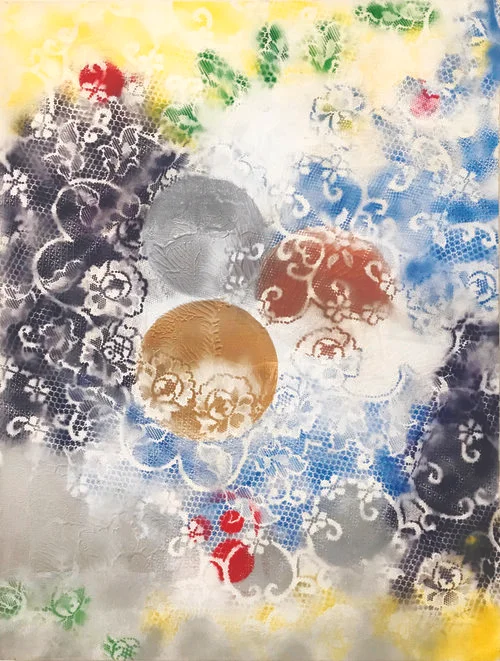 CELEBRATE III, 2018, Oil / Gesso on Linen, 48” x 36”. Asian inspired abstraction with background as cloud-like colors of blue, tan and red, with white lacey floral patterns layered on top.