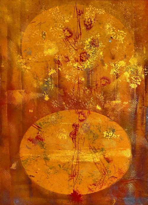 Equinox, 2018, Oil based Ink on Mulberry paper Board Mount, 35” x 25” x 2”. Asian inspired abstraction with the color yellow dominating with yellow circle in the middle.