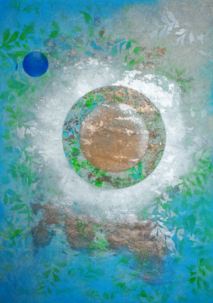 Garden Planet, 2018, Oil based Ink on Mulberry paper Board Mount, 35” x 25” x 2”. Asian inspired abstraction with the color blue dominating all over and green leaves, clouds, and circular gold focus in the middle of the painting.