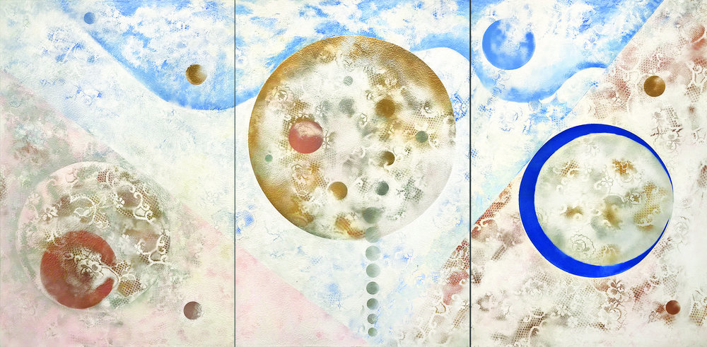BEGINNING II, 2018, Oil / Gesso on Canvas, 60” x 120”. Triptych consists of triangles in pale pink, white and brown dividing the whole painting into three parts. There is one circle on each panel, with the largest brown circle in the middle as the focus.