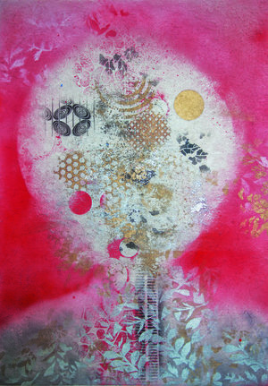 Thinking, 2015, Oil based Ink on Mulberry paper Board Mount, 35” x 25” x 2”. Asian inspired abstraction with dominant white moon in the middle surrounded by red background and silver leaves on a gold foreground.