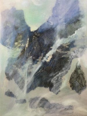 Recluse Studio No. 17, 2018, Ink, Xuan Paper, Pigment and Resin on Aluminum, 16” x 12”. A glimpse of mountain view is partially covered by white and green thin clouds.