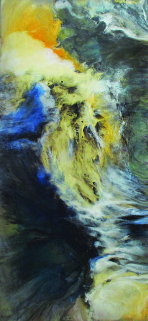 11-7-17 (sold), Ink, Xuan Paper, Pigment and Resin on Plexi, 54” x 27”. Waterfall in yellow and white runs between rocks in dark blue and green painted on both sides of painting.