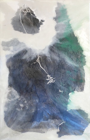 Recluse Studio No. 2, 2018, Ink, Xuan Paper, Pigment and Resin on Plexi, 17” x 11”. A glimpse of mountain view is partially covered by white, green and blue thin clouds.