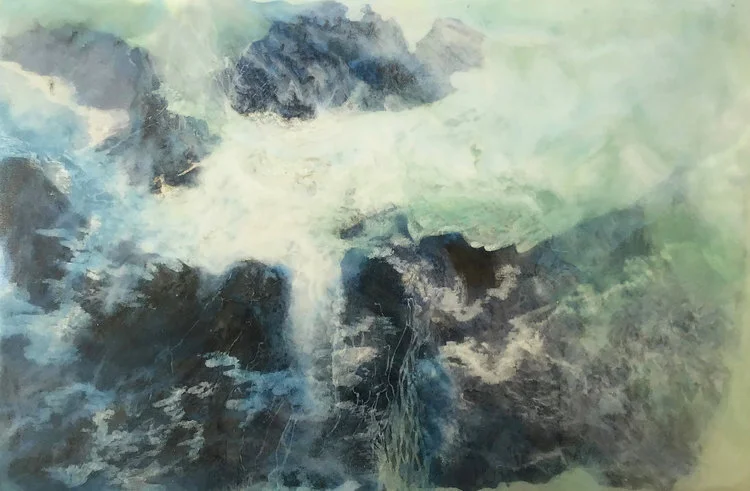 Recluse Studio No. 10 (sold), 2018, Ink, Xuan Paper, Pigment and Resin on Plexi, 12” x 18 1/4”. Black mountain view is partially covered by thick white, green and blue clouds in the middle.