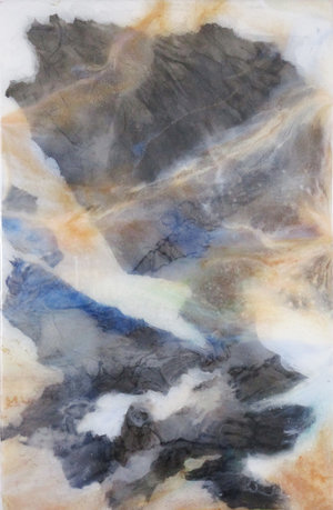 Recluse Studio No. 18 (sold), 2018, Ink, Xuan Paper, Pigment and Resin on Plexi, 17” x 11”. A glimpse of mountain view is partially covered by white and tan thin clouds.