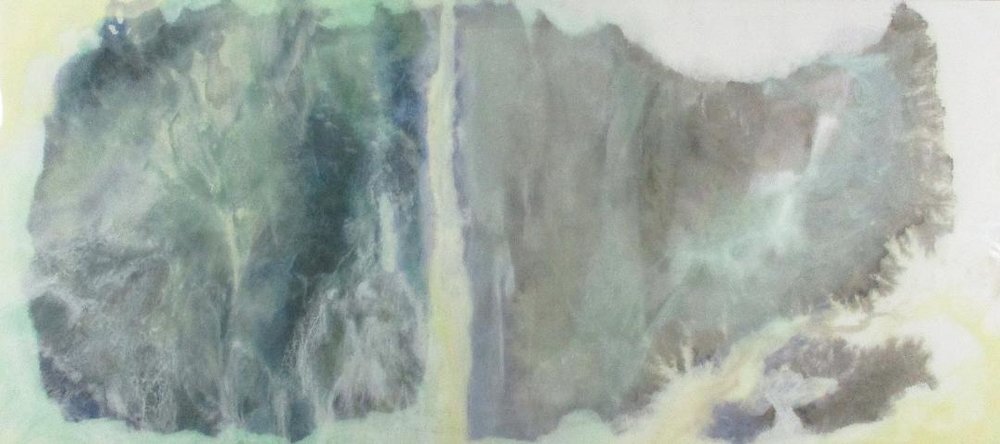 9-8-18, Ink, Xuan Paper, Pigment and Resin on Panel, 25” x 56”. Abstraction of mountain view in black and green with waterfall running down the middle.
