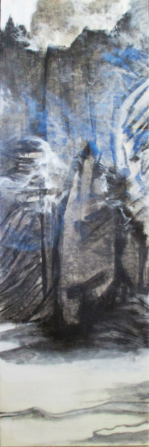 Fisherman’s Song No. 1 Ink, Xuan Paper, Pigment and Resin on Panel, 54” x 18”. This is an abstraction of valley and mountain nearby a river. Mountain is depicted as sharp rectangular shapes which are partially covered by thin white and blue clouds.