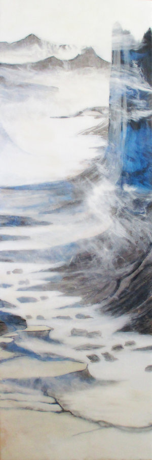 Fisherman’s Song No. 2 Ink, Xuan Paper, Pigment and Resin on Panel, 54” x 18”. This is an abstraction of valley with river running in the middle and mountains far at the back. Mountains are partially covered by thin white and blue clouds.