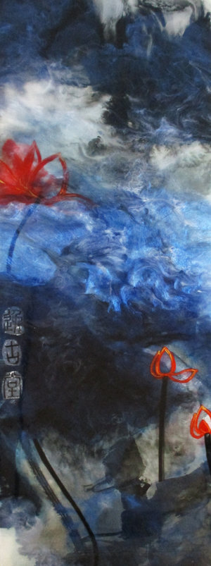 Fisherman’s Song No.3, Ink, Xuan Paper, Pigment and Resin on Panel, 54” x 20”. This is an abstraction of a lake in black, blue and white, with three red lotuses.