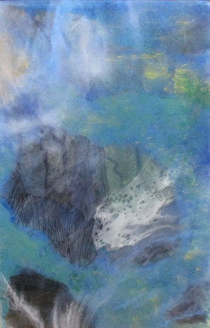 Recluse Studio No. 20, 2018, Ink, Xuan Paper, Pigment and Resin on Plexi, 18 1/4” x 12”. A glimpse of mountain view peeks through the dominating blue and green clouds.
