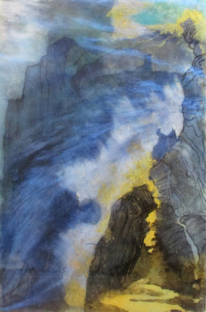 Recluse Studio No. 21, 2018, Ink, Xuan Paper, Pigment and Resin on Plexi, 18 1/4” x 12”. This is an abstraction of mountain view with blue and white clouds and golden sunlight gushing through the crevice in the middle.