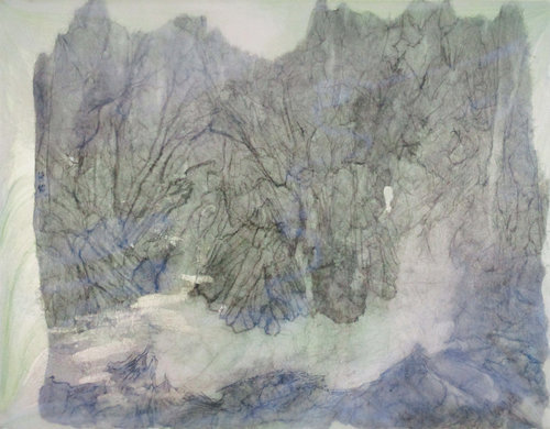 Recluse Studio No. 15, 2018, Ink, Xuan Paper, Pigment and Resin on Aluminum, 14” x 18”.