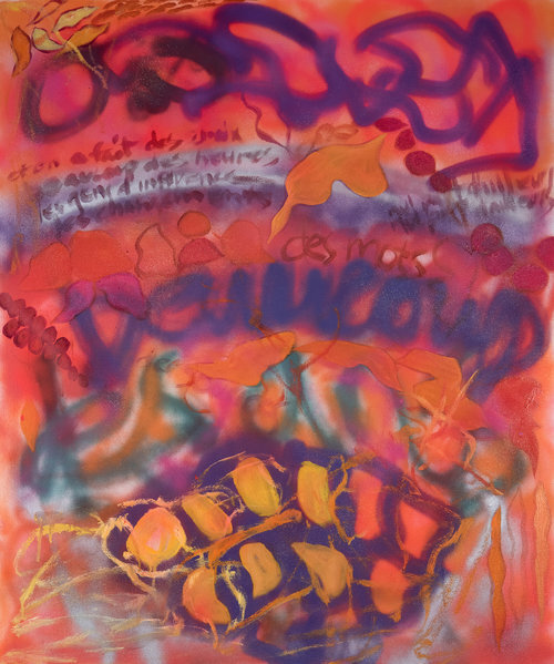 Bold Fusion, 2017, Oil/Spraypaint on canvas, 36”x 30”. Graffiti-like landscape based abstraction painting. Purple, yellow, orange spray-paint in bright pink background.