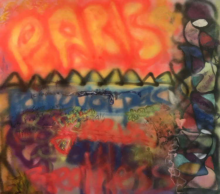 Places, 2018, Oil/Spraypaint on canvas, 42”x 48. Grattifi-like abstraction painting with letters in bright pink blue, purple and yellow. Triangular forms on the horizon and on the right 1/3 of the painting.