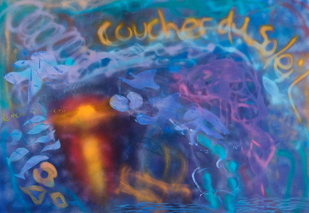 When the Sun goes Down , 2018, Oil/Spraypaint on canvas, 48”x 60”. Graffiti-like abstraction painting. Purple, turquoise, blue, yellow, pink spray-paint like strokes on blue background.