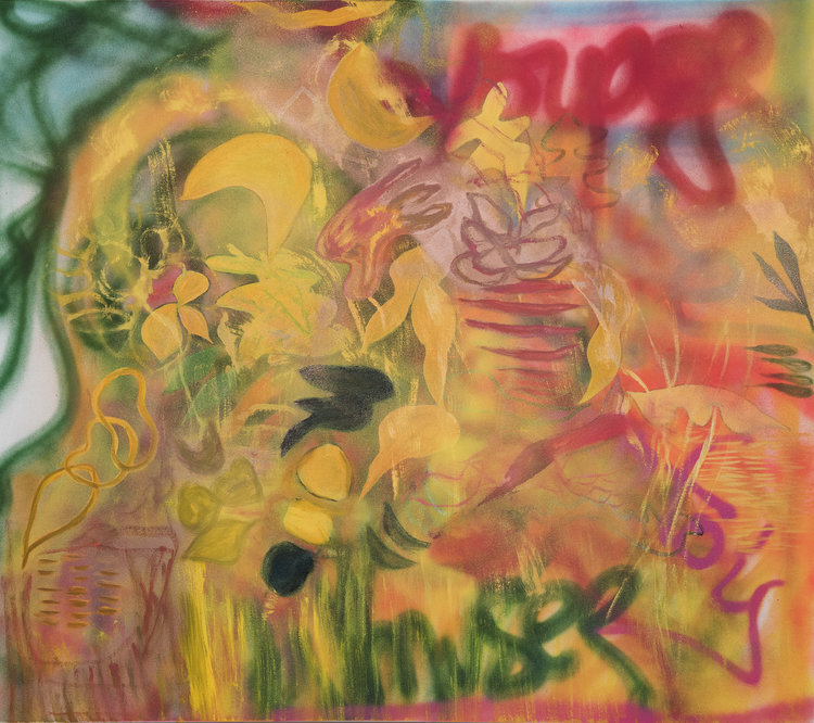 Brazen, 2016, Oil/Spraypaint on canvas, 40”x 46”. Leaf-like and graffiti-like landscape based abstraction painting. Yellow, green, red colors dominating with spray paint.