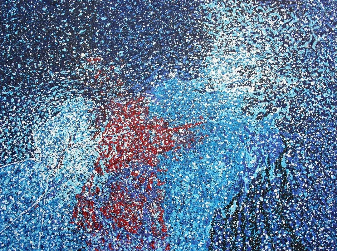 Water-based pointillistic abstraction painting with fragmented shapes and blue, red, white, black areas.