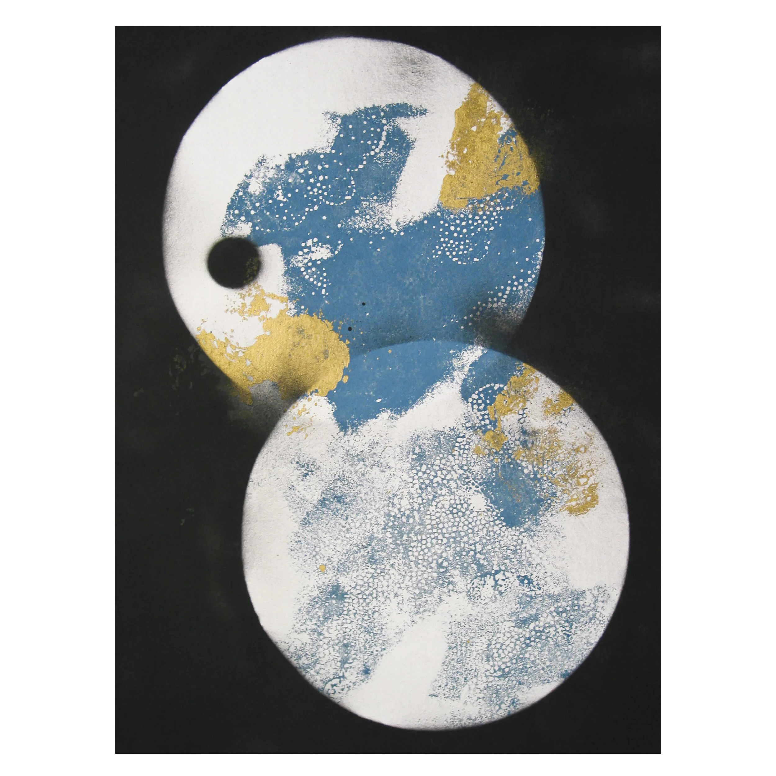 Asian inspired abstraction with dominant two circles in the middle covered by yellow and blue color and clouds, with the dark background at back