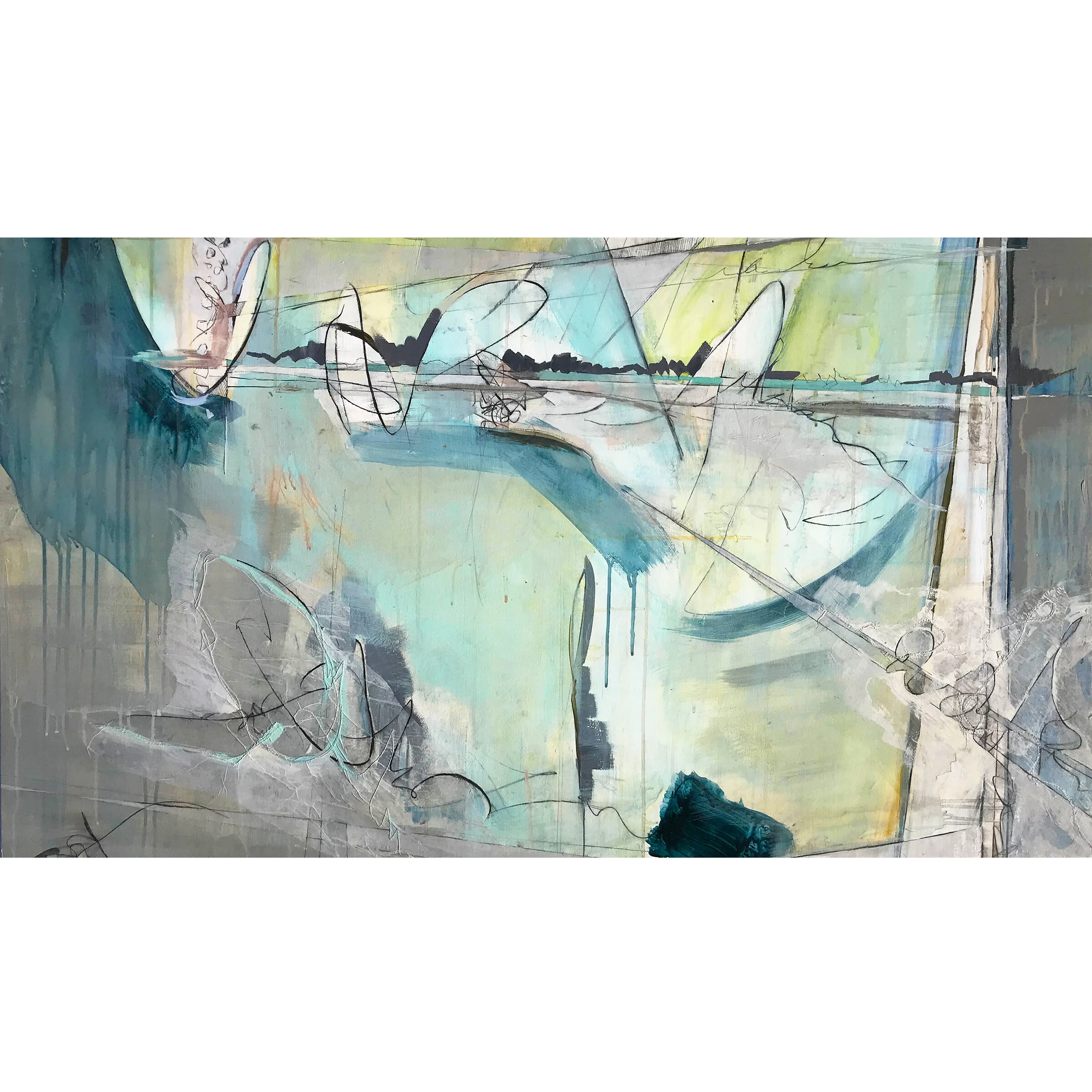 Abstract painting and sewing dominated blue, green and gray color with lines sewed on the tracing paper