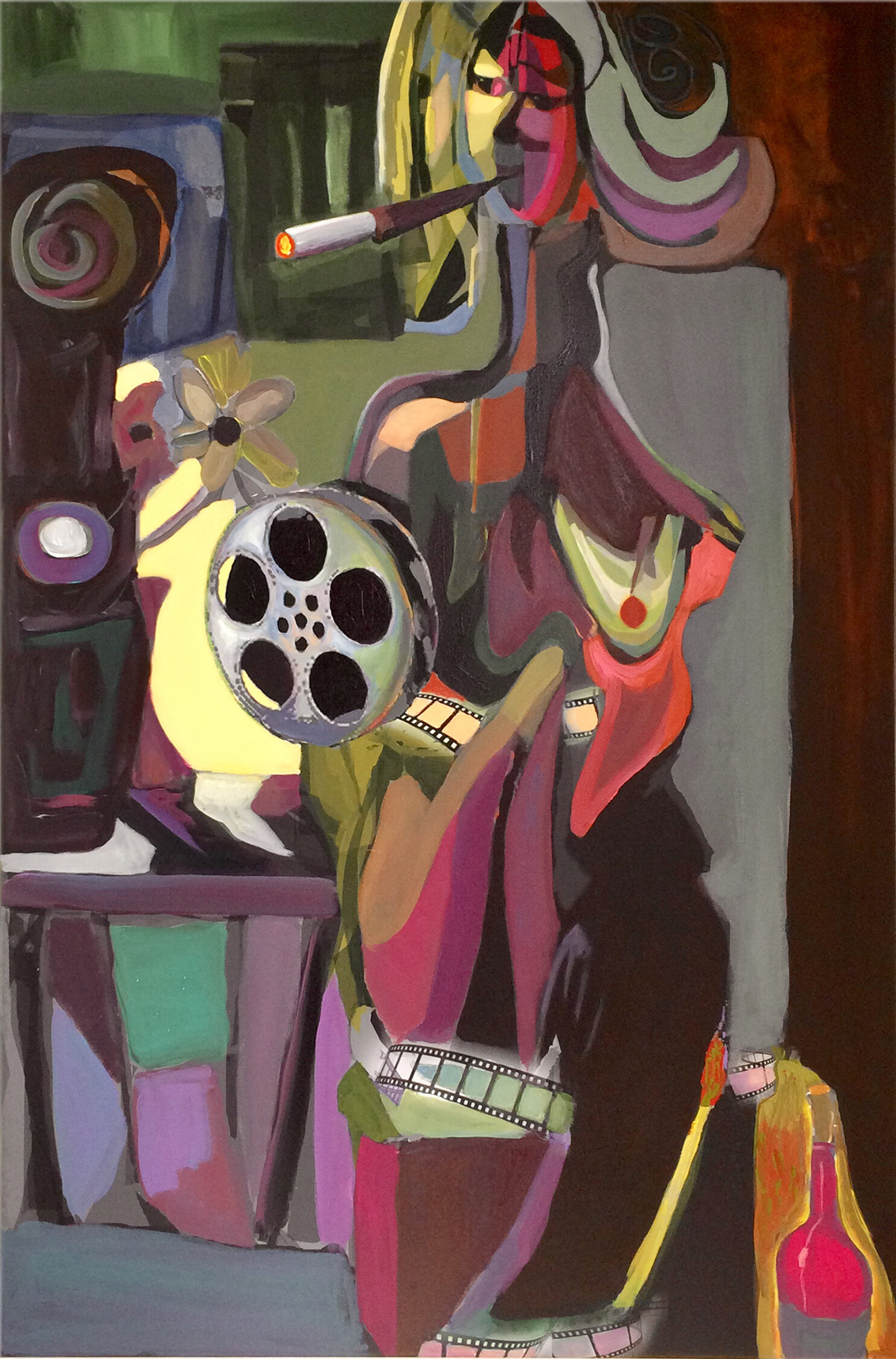 Abstract portraiture of a woman smoking a cigarette. Red, purple on the face and hair, the film set elements with dark green yellow, gray color at the background.